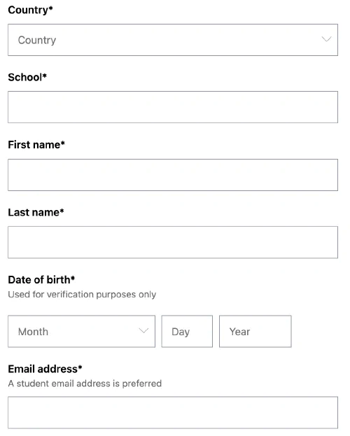 Screenshot of a lengthy student verification form requiring country, school, first name, last name, date of birth, and email address.
