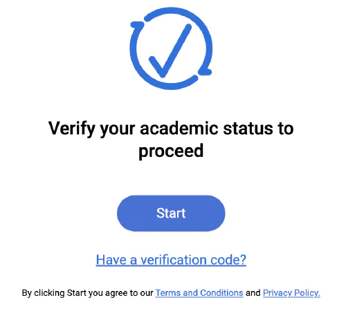 Screenshot of Proxi.id's "Verify your academic status to proceed" start screen with a single Start button.