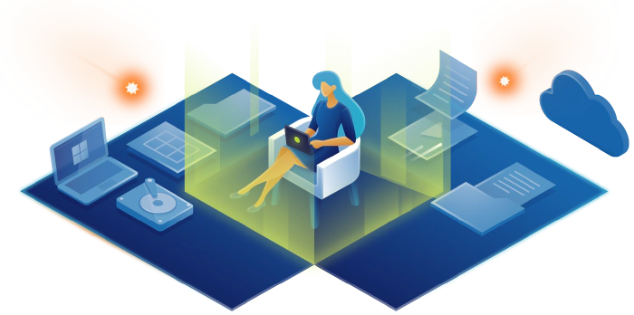 An illustration of a woman sitting in an office with digital assets around her